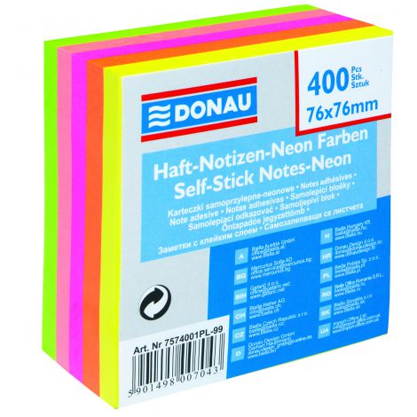 Karteczki samoprzylepne Donau 76x76mm, 400szt Neon
